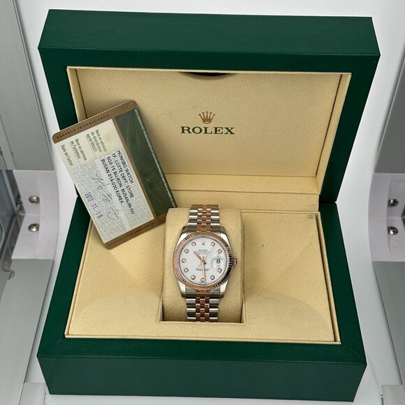 B&P Rolex Datejust 116231 36mm White Diamond (N.S) Dial Fluted Bezel Jubilee